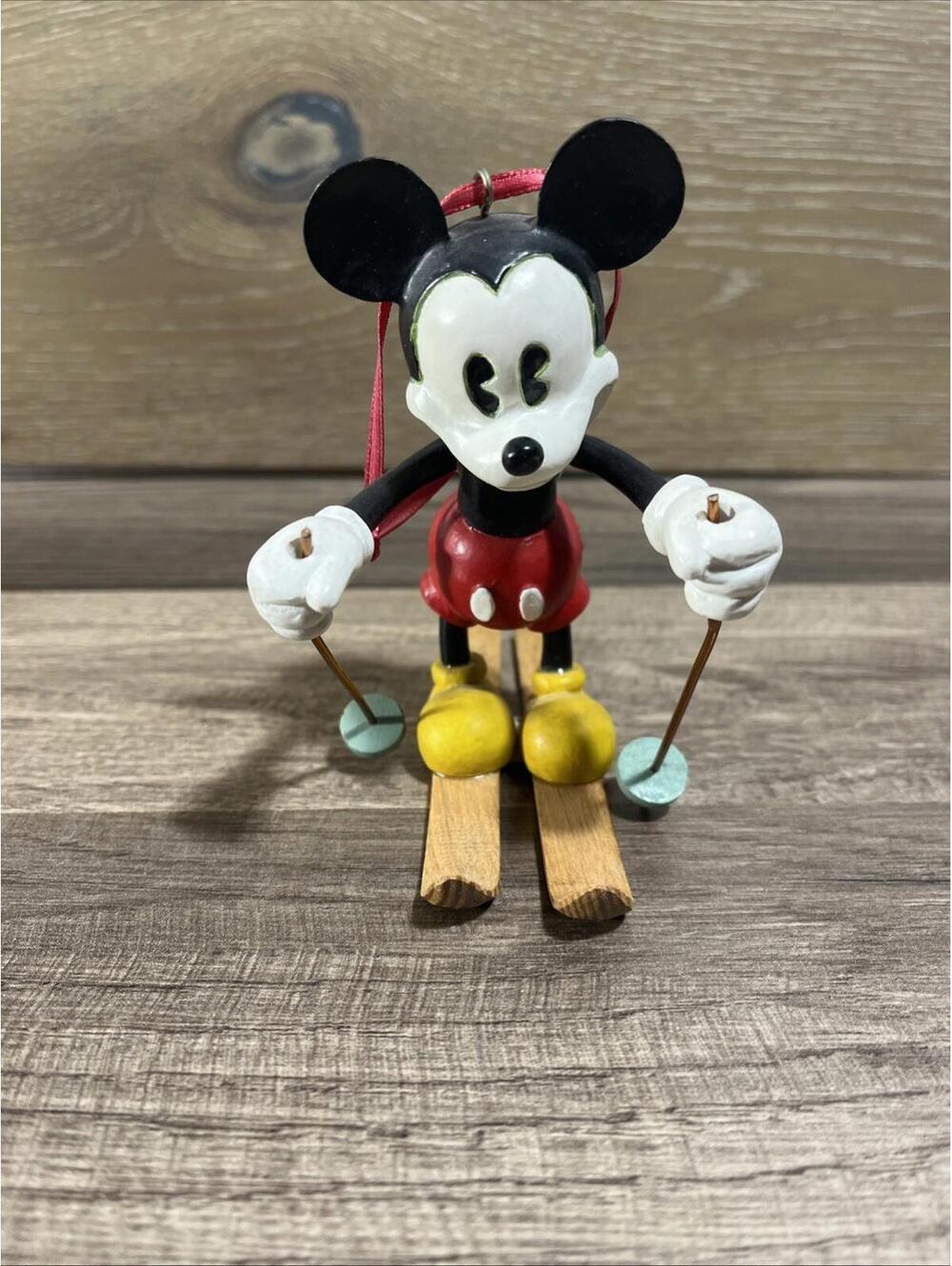 Vintage Mickey Mouse Santa Christmas Ornament Skiing Wood Skiis